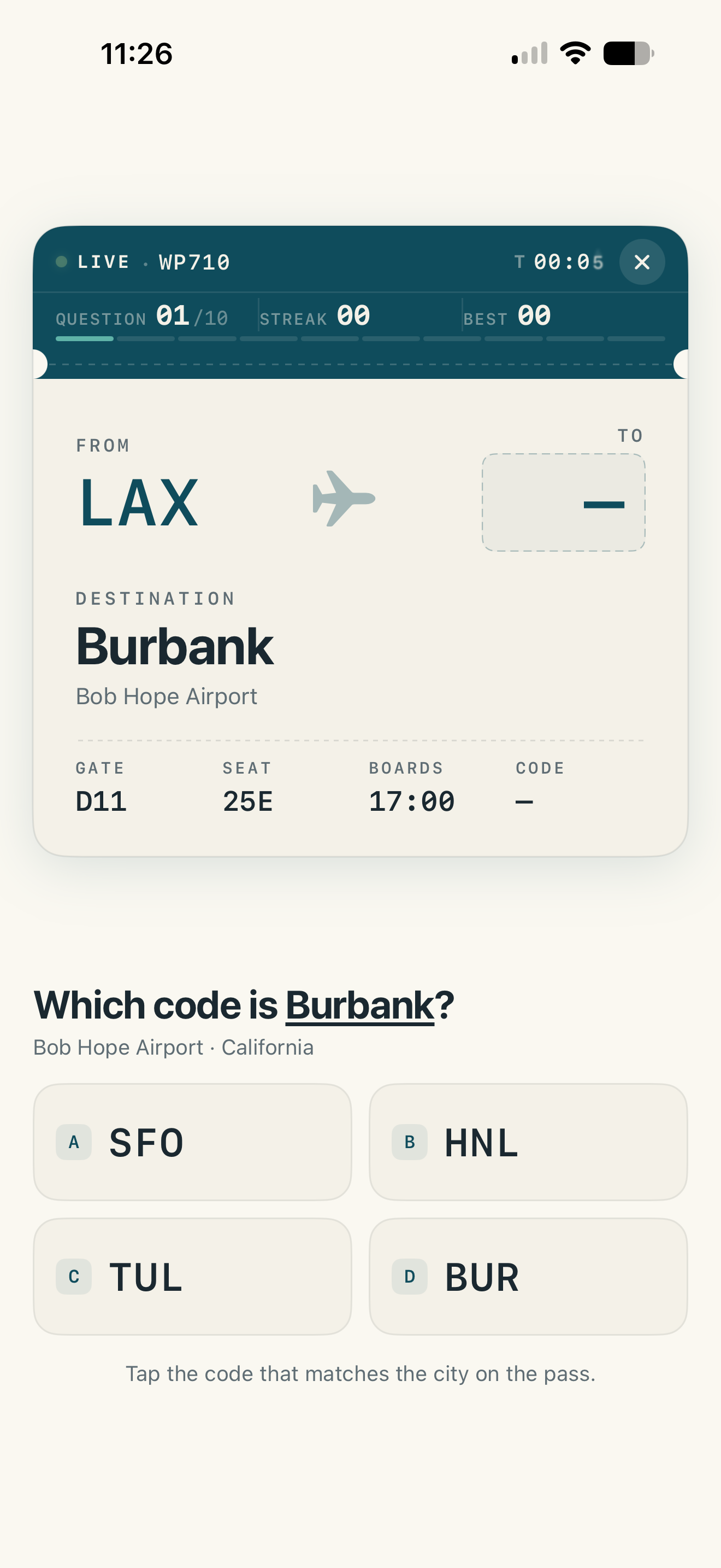 WingPath quiz asking which airport code matches the city, with multiple-choice answers.